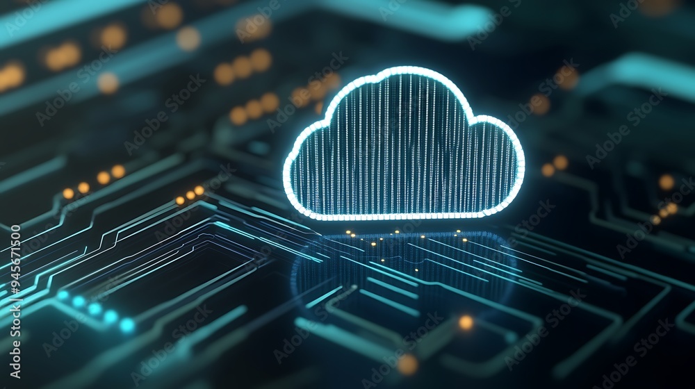 Futuristic cloud computing concept with glowing cloud icon on digital circuit board background, representing data storage and technology. Futuristic cloud computing concept with glowing cloud icon on digital circuit board background, representing data storage and technology.
