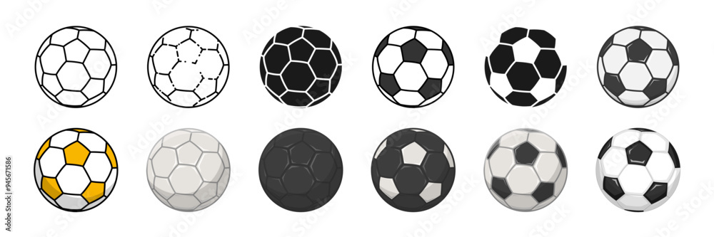 Football ball icon set. Line, silhouette and flat style vector illustration. Soccer tournament symbol