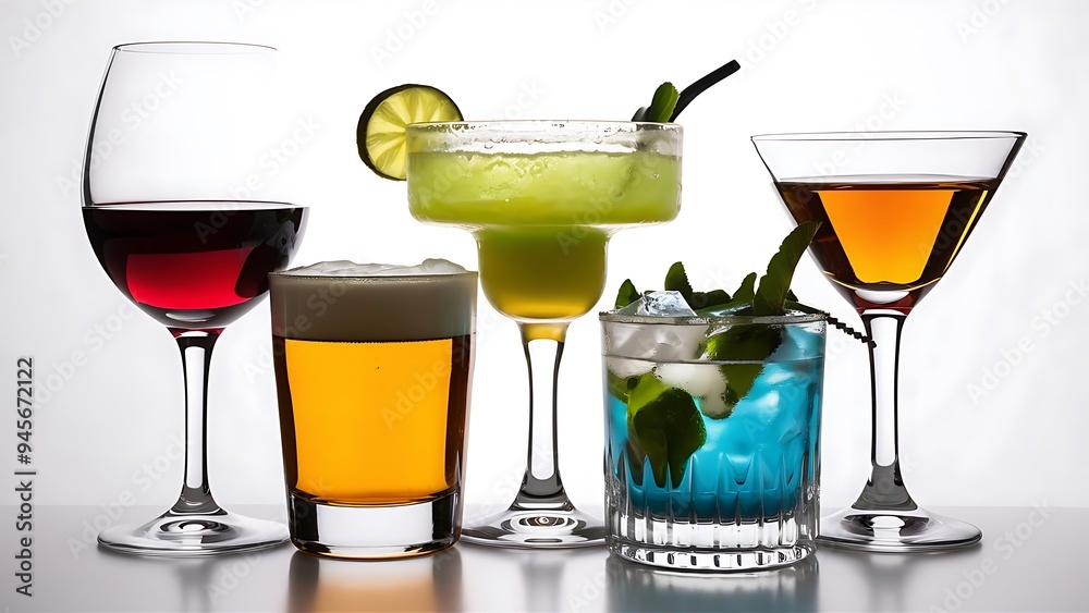 Different glasses of alcoholic drinks isolated on a white background Different glasses of alcoholic drinks isolated on a white background