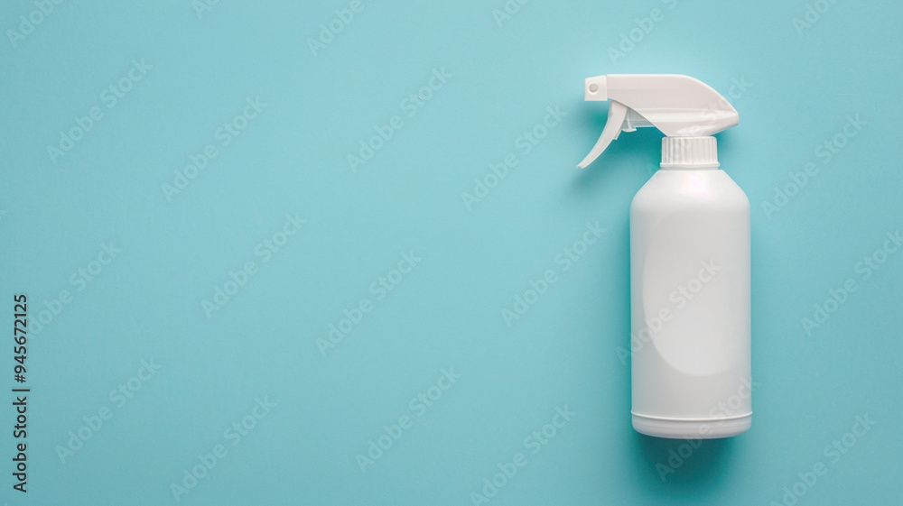 Advertisement of cleaning company, clean house. White spray bottle on a blue background. Copy paste empty place for text Advertisement of cleaning company, clean house. White spray bottle on a blue background. Copy paste empty place for text
