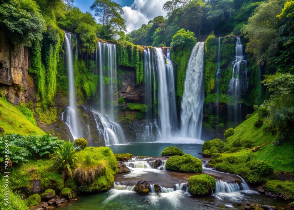 Cascading waterfalls nearby Piedra Volada, with lush green vegetation and a tranquil atmosphere, a realistic photo image. Cascading waterfalls nearby Piedra Volada, with lush green vegetation and a tranquil atmosphere, a realistic photo image.