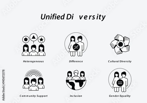 Vector Icon Set of Unified Diversity . A comprehensive collection of icons that visually represent heterogeneous groups, cultural diversity, inclusion, and gender equality, suitable for corporate