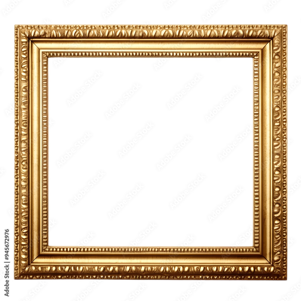 Fototapeta premium Square gold baroque frame with smooth borders and subtle ornamental detailing, elegant corners, isolated on transparent background, PNG.