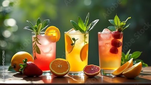 Freshening esthetic cocktails with fresh fruits and plants as decorations, concept photo