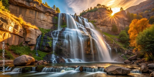 Bridal Veil Falls cascades down the rocky cliff, morning light casting a warm glow on the surrounding landscape, a realistic photo image. photo