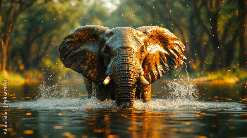 Fototapeta premium A majestic elephant bathing in a river, captured in a serene forest environment