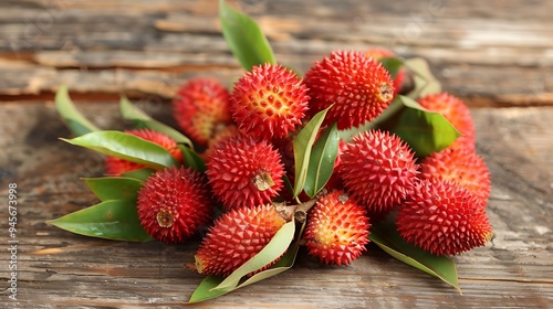 Close up of pulasan fruits with their vibrant red color and spiky texture arranged on a rustic wooden surface with fresh green leaves photo