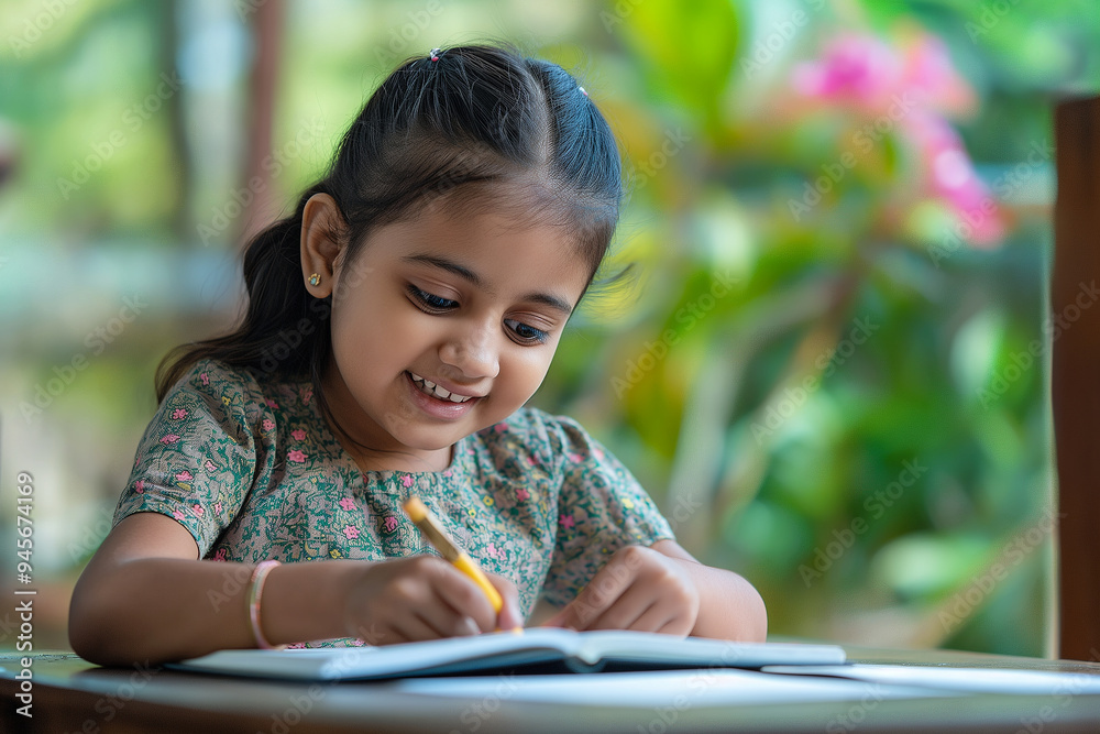 A young girl is sitting at a table with a pencil and a book A young girl is sitting at a table with a pencil and a book