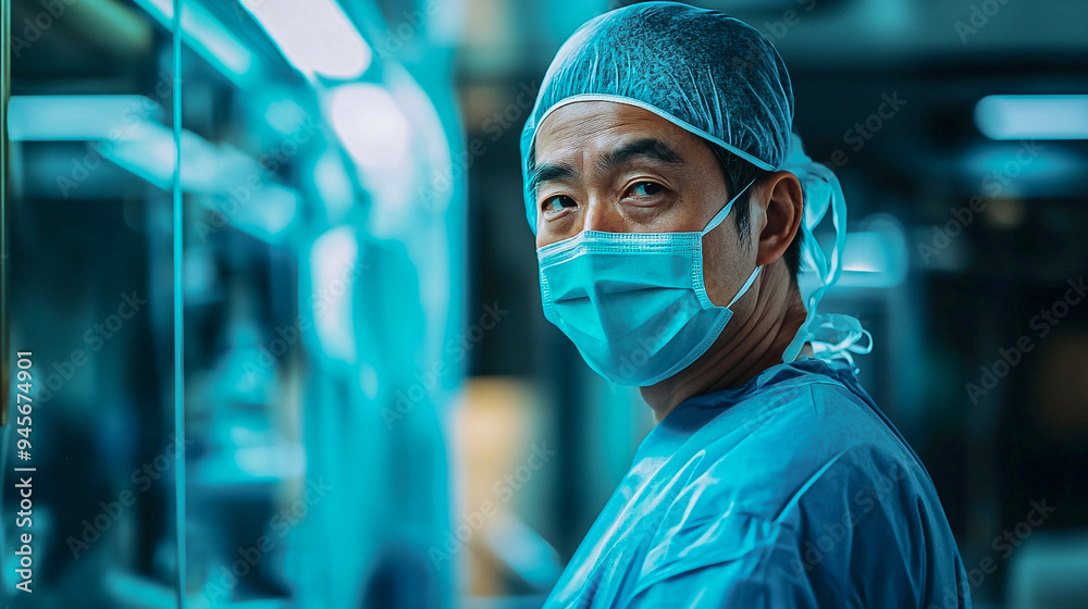Man doctor of Asian appearance in protective medical suit. Medical cap, medical mask, medical gown. Operating room. Virus outbreak Man doctor of Asian appearance in protective medical suit. Medical cap, medical mask, medical gown. Operating room. Virus outbreak