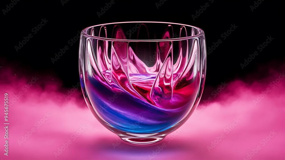 Transparent glasses with liquid on dark background with pink illumination Transparent glasses with liquid on dark background with pink illumination