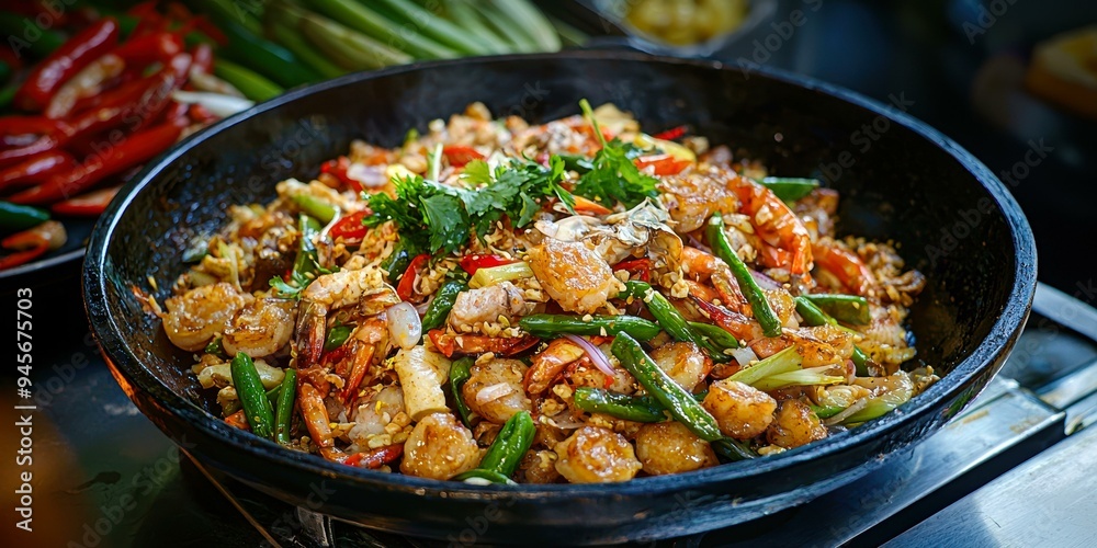 A sizzling stir-fry dish in a black wok, full of vibrant vegetables, shrimp, and garnished with fresh herbs, perfect for marketing food blogs, culinary websites, or Asian cuisine promotions, A sizzling stir-fry dish in a black wok, full of vibrant vegetables, shrimp, and garnished with fresh herbs, perfect for marketing food blogs, culinary websites, or Asian cuisine promotions,