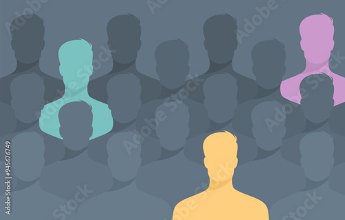 Colored human silhouettes among the gray crowd. Vector illustration in flat style