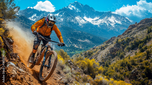 Mountain biker wearing a helmet and goggles is riding fast downhill on a dusty trail with a mountain range in the background