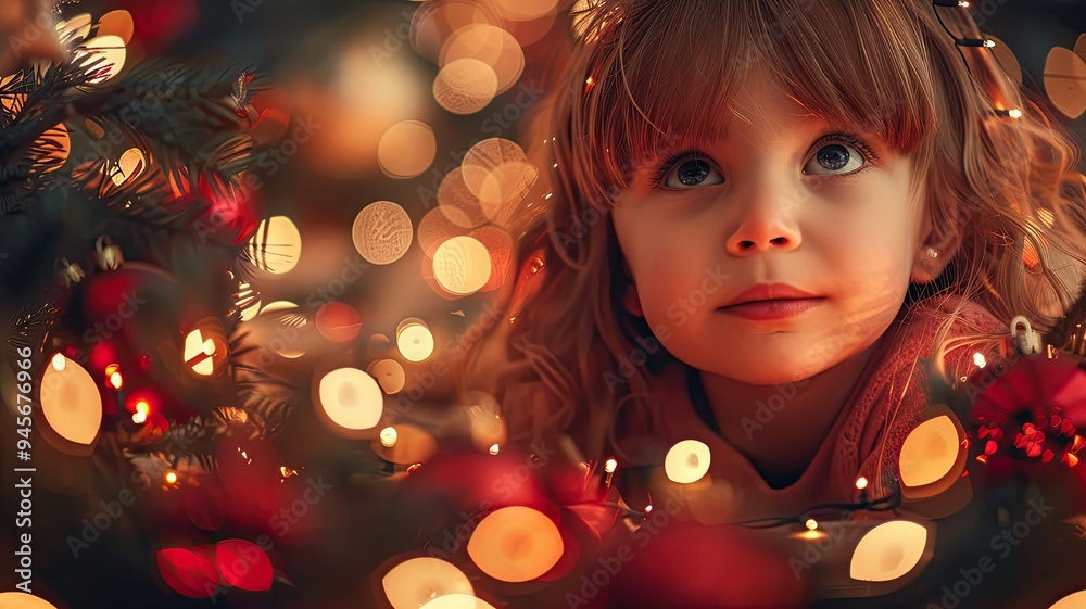 Close-up of little girl next to a Christmas tree with lights. Warm and festive atmosphere. Sparkles. Bokeh. Concept of home, tradition, customs, warmth, festivity, family Close-up of little girl next to a Christmas tree with lights. Warm and festive atmosphere. Sparkles. Bokeh. Concept of home, tradition, customs, warmth, festivity, family