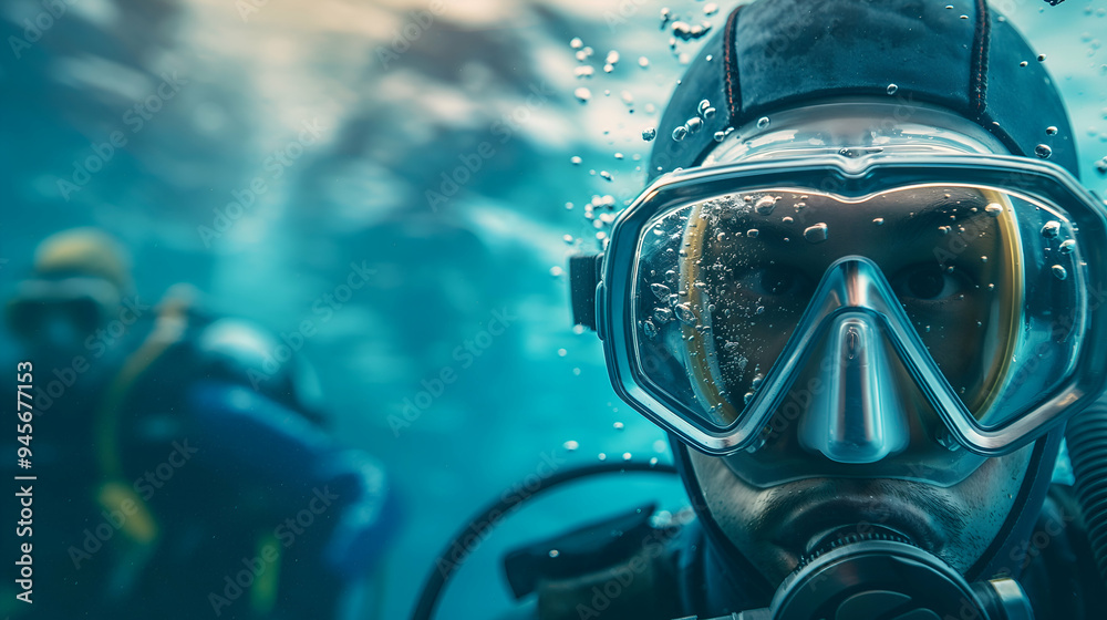 A diver wearing a clear mask is immersed underwater, surrounded by bubbles. Fellow diver is nearby, exploring the stunning aquatic environment A diver wearing a clear mask is immersed underwater, surrounded by bubbles. Fellow diver is nearby, exploring the stunning aquatic environment