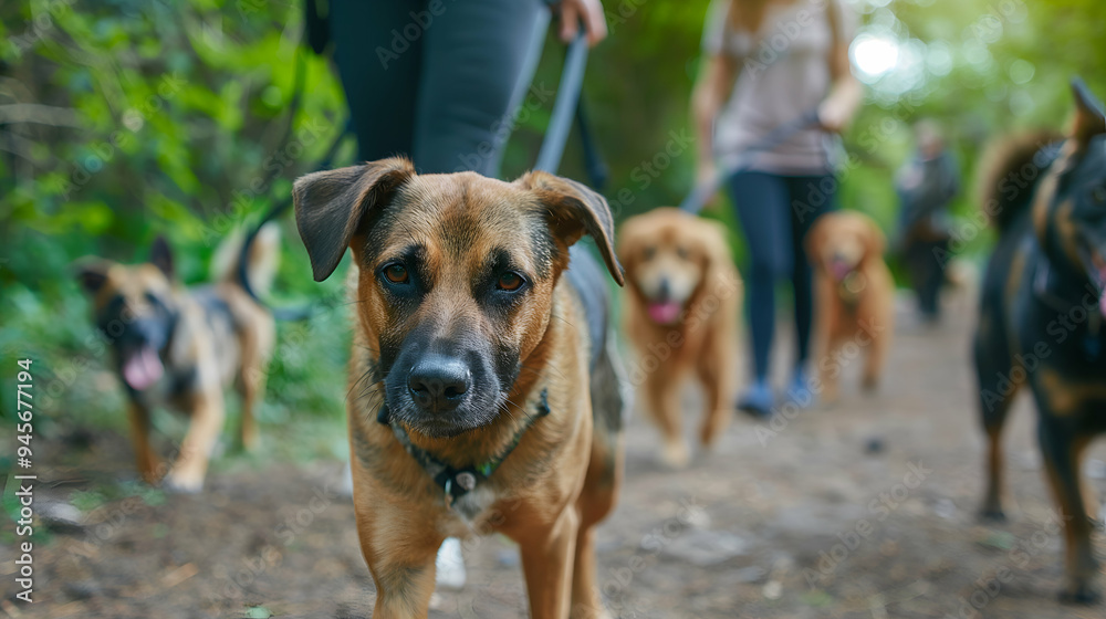 A group of people enjoys a leisurely walk, guiding their dogs along a nature trail. The vibrant greenery and dappled sunlight enhance the peaceful atmosphere A group of people enjoys a leisurely walk, guiding their dogs along a nature trail. The vibrant greenery and dappled sunlight enhance the peaceful atmosphere