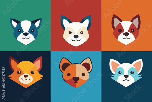 6 adorable animal head logos rabbit cat dog vector illustration 