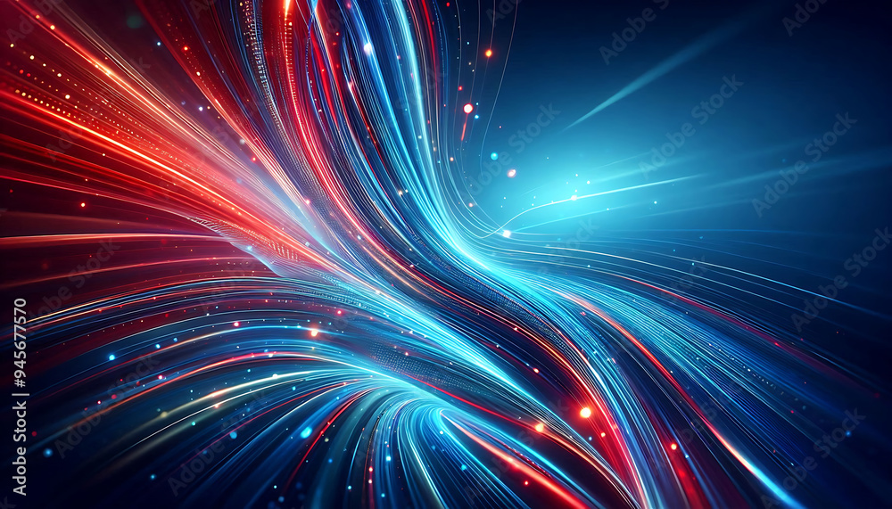 Obraz premium Abstract digital artwork featuring vibrant blue and red light trails swirling against a dark background with glowing dots that add depth and dimension to the design