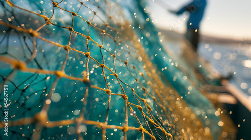 A fisherman skillfully casts his net over sparkling water, creating ripples in the serene environment. The early morning light enhances the scene