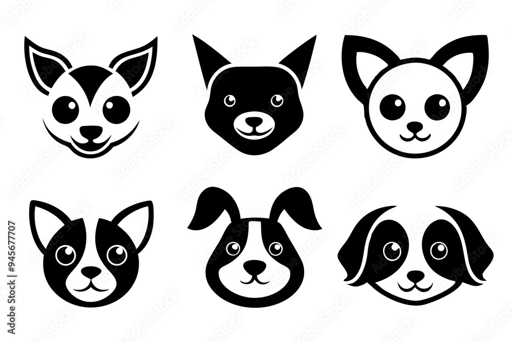Fototapeta premium 6 Adorable Animal Head Logos: Rabbit, Cat, Dog, Cow, Pig, Panda | Vector Icons 