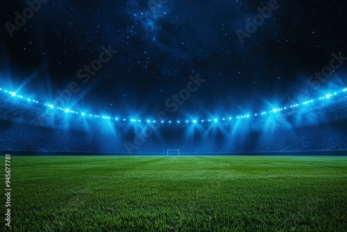 beautiful sports stadium with a green grass field shines with blue spotlights at night with stars. Sports tournament, world championship , ai