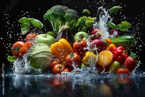 Fototapeta Naklejka Na Ścianę i Meble -  A splash of water is falling on a bowl of fruits and vegetables