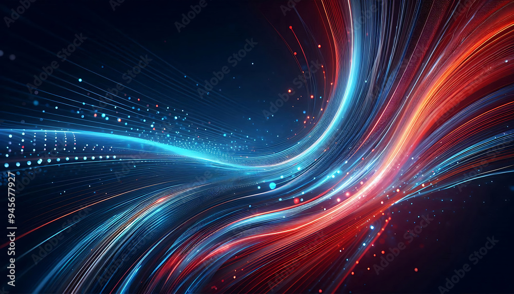 Fototapeta premium Abstract digital artwork featuring vibrant blue and red light trails swirling against a dark background with glowing dots that add depth and dimension to the design
