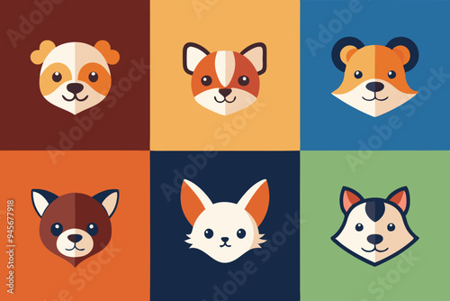 6 adorable animal head logos rabbit cat dog vector illustration  