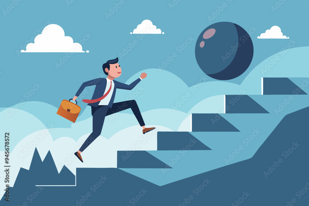 Overcome obstacle, effort or adversity for business growth, difficulty, challenge to win competition, skill or leadership concept, businessman jump over falling boulder to climb up stair of success
Overcome obstacle, effort or adversity for business growth, difficulty, challenge to win competition, skill or leadership concept, businessman jump over falling boulder to climb up stair of success