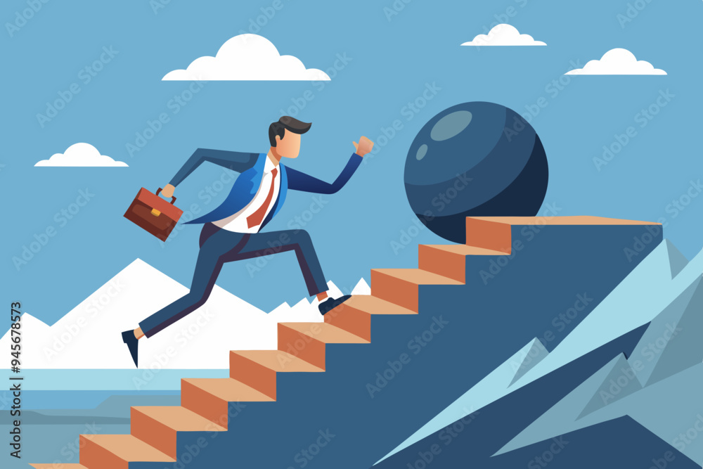 Overcome obstacle, effort or adversity for business growth, difficulty, challenge to win competition, skill or leadership concept, businessman jump over falling boulder to climb up stair of success
Overcome obstacle, effort or adversity for business growth, difficulty, challenge to win competition, skill or leadership concept, businessman jump over falling boulder to climb up stair of success