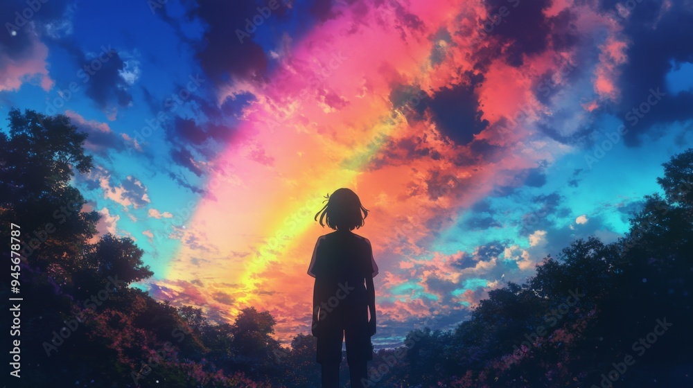 Fototapeta premium Silhouette of Person at Sunset with Vibrant Sky