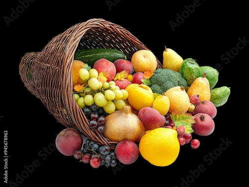 Vegetables and fruits in cornucopia, basket, on transparent background, in mid-autumn festival, Zhongjie, Moon Festival in China. background, banner, postcard, flyer.photo. photo