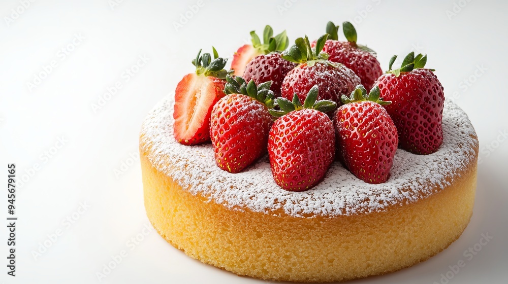 A delightful circular sponge cake, adorned with a delicate dusting of powdered sugar. Resting atop its pristine surface are vibrant strawberries, their juicy presence adding a touch of vibrant color A delightful circular sponge cake, adorned with a delicate dusting of powdered sugar. Resting atop its pristine surface are vibrant strawberries, their juicy presence adding a touch of vibrant color