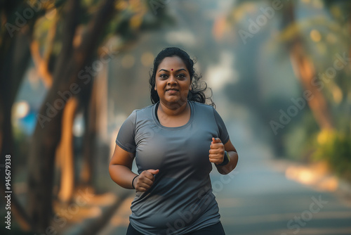 A woman is running in a park with trees in the background