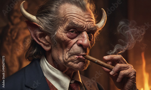 An old demon smoking cigar, grotesque caricatures,