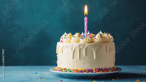 A festive birthday cake takes center stage against a blue backdrop. Its white icing cascades like a delicate waterfall, while buttercream swirls gracefully atop.