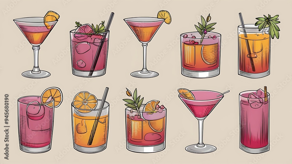 An illustrated set of fancy drink cocktails isolated on white. An illustrated set of fancy drink cocktails isolated on white.