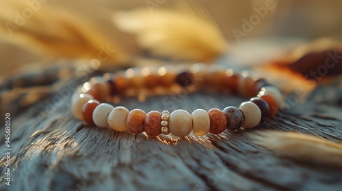 A handcrafted beaded bracelet with earthy tones rests on a rustic wooden surface, beautifully highlighted by warm, golden lighting in a natural setting. photo