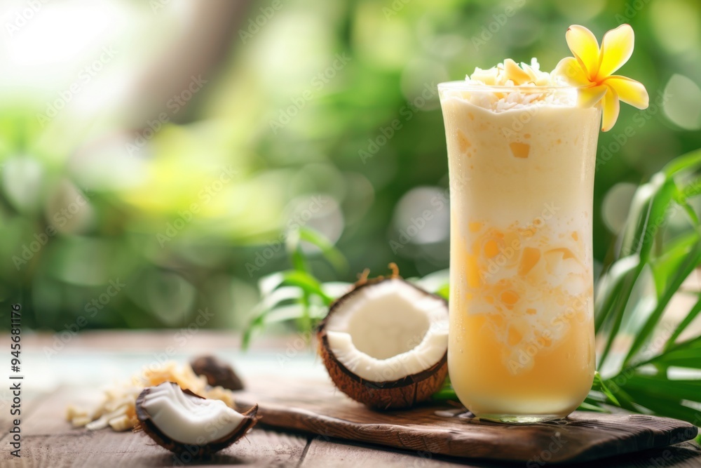 Tea Colada with tea and coconut, served in a tall glass, tea garden background, copy space for text Tea Colada with tea and coconut, served in a tall glass, tea garden background, copy space for text