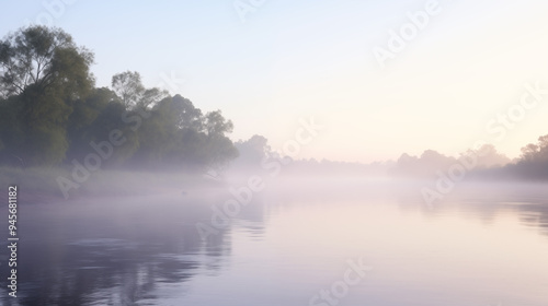 Misty Morning River Scene with Trees Lining the Banks at Dawn