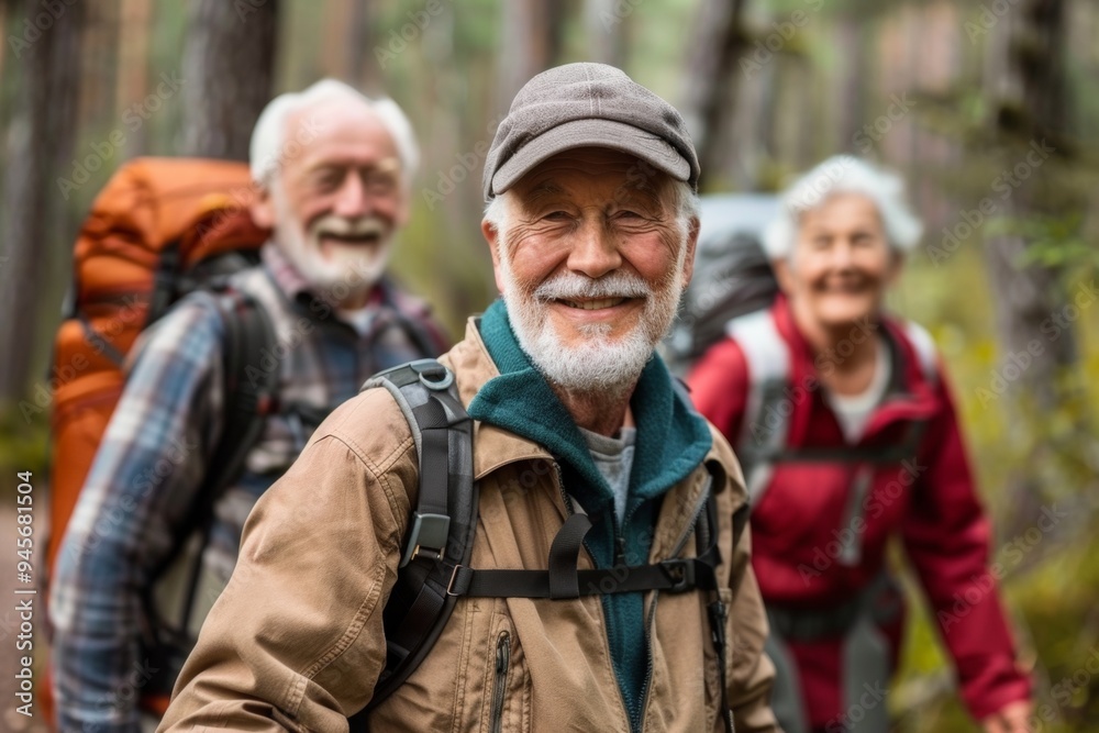 Three older people are smiling and posing for a photo while hiking Three older people are smiling and posing for a photo while hiking