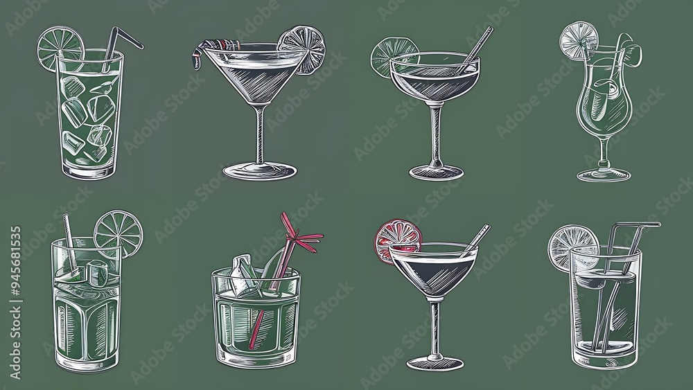 Vector Set of Sketch Cocktails and Alcohol Drinks. Vector illustration Vector Set of Sketch Cocktails and Alcohol Drinks. Vector illustration