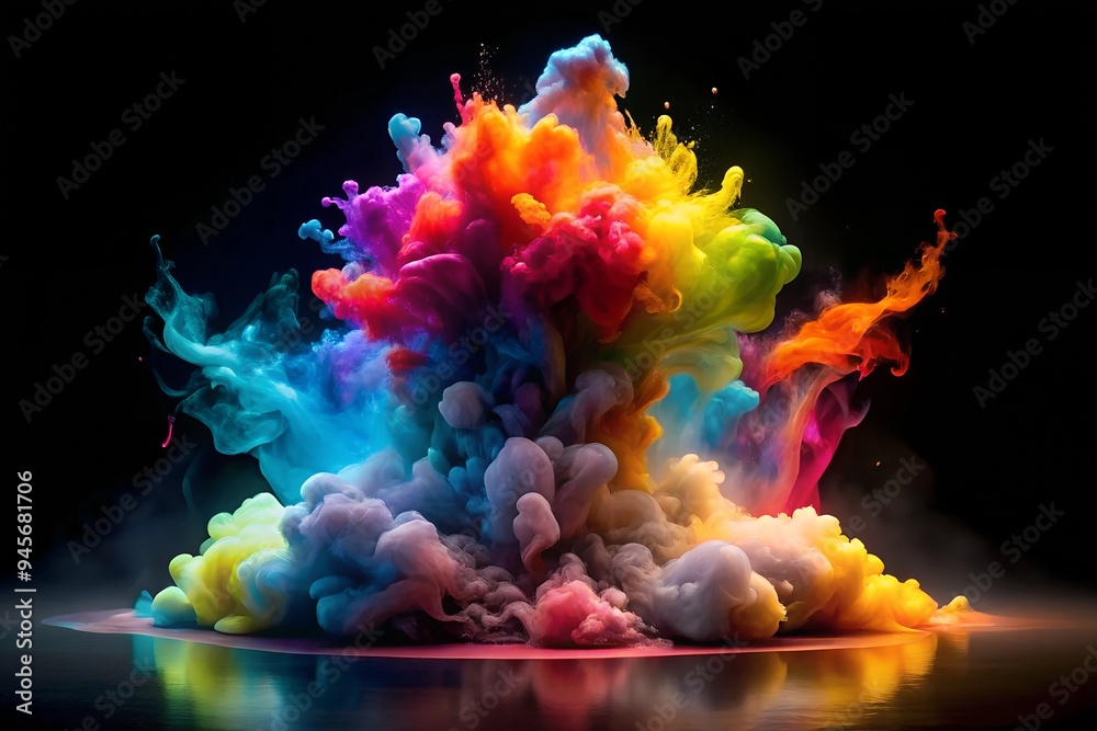 Obraz premium A colorful explosion of ink swirls in water against a black background, creating a vibrant and dramatic visual effect. Ideal for abstract and creative projects needing bold imagery.