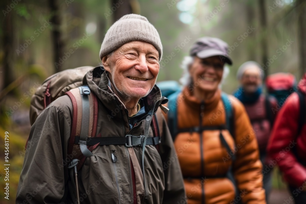 Three older people are smiling and posing for a photo while hiking Three older people are smiling and posing for a photo while hiking