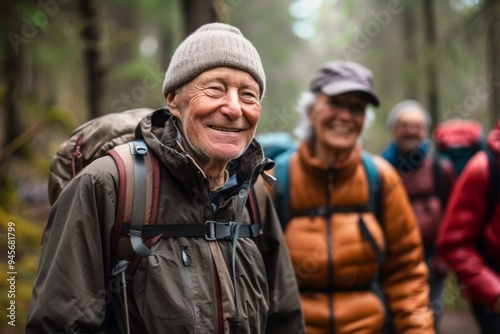 Three older people are smiling and posing for a photo while hiking