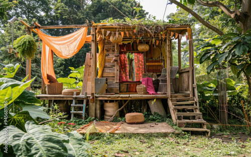 Charming eco-friendly playhouse made from reclaimed wood in a vibrant garden setting photo