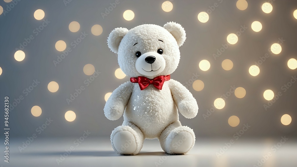 White teddy bear with red bow tie against a background of warm bokeh lights. White teddy bear with red bow tie against a background of warm bokeh lights.