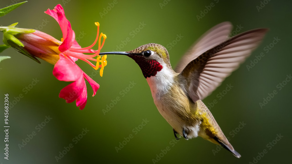 Naklejka premium a hummingbird hovers near a vibrant flower