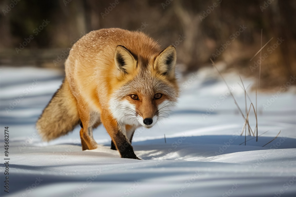 Fototapeta premium a red fox as it prowls through the snow