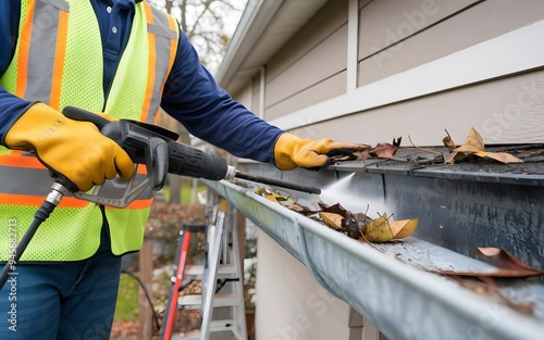 A close-up photo of a worker cleaning spring rain gutters with a pressure washer.
